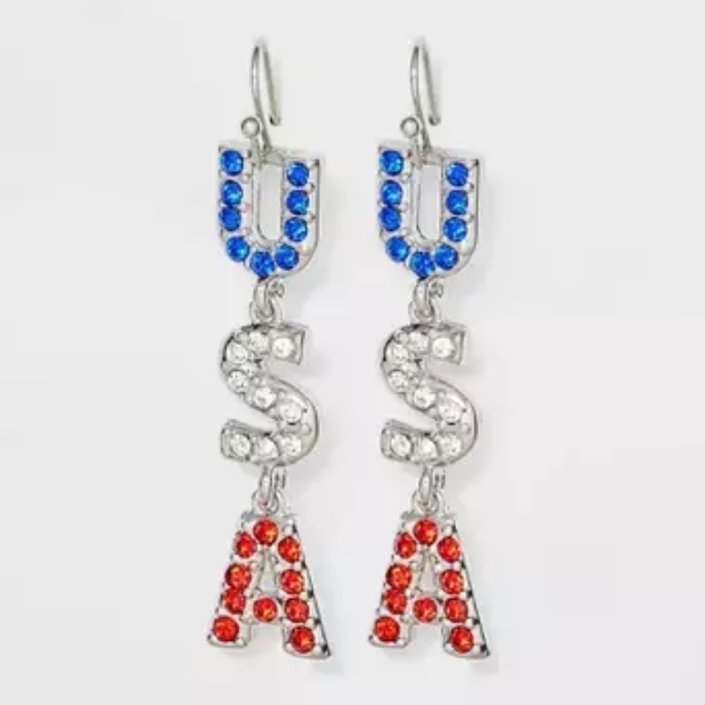 Oh my stars! USA Drop Earrings red white blue Americana patriotic jewelry new OS